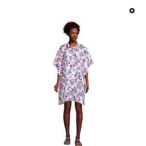Lands' End Cotton Swim Cover Up Poplin Kaftan Umbrella Button Up Sz L 14-16